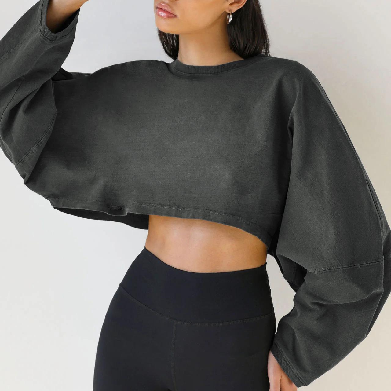 

Женская одежда с круглым вырезом, уличная одежда, свободные трикотажные футболки с длинными рукавами, короткие спортивные базовые рубашки, топы, сплошной цвет M темно-серого