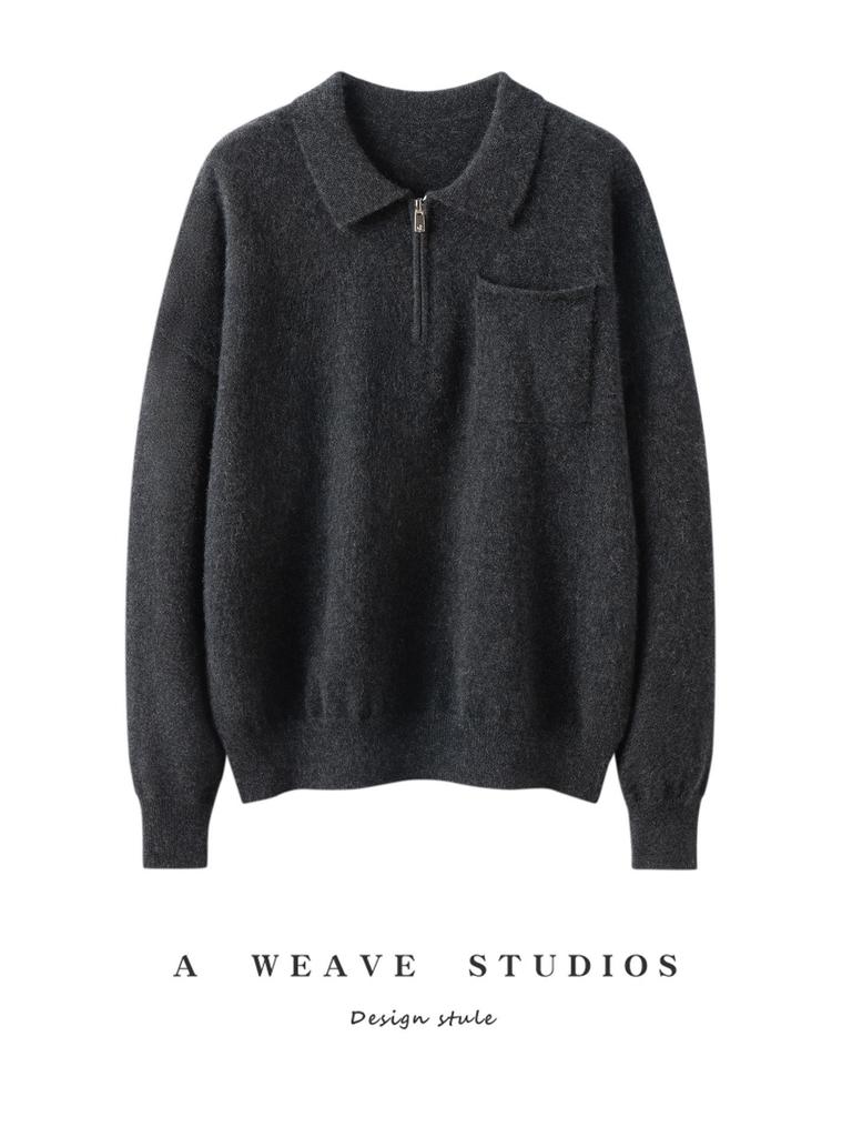 Women's Polo Neck Half-Zip Cashmere Sweater - Light, Elegant, Long Sleeve Pullover for Autumn/Winter.