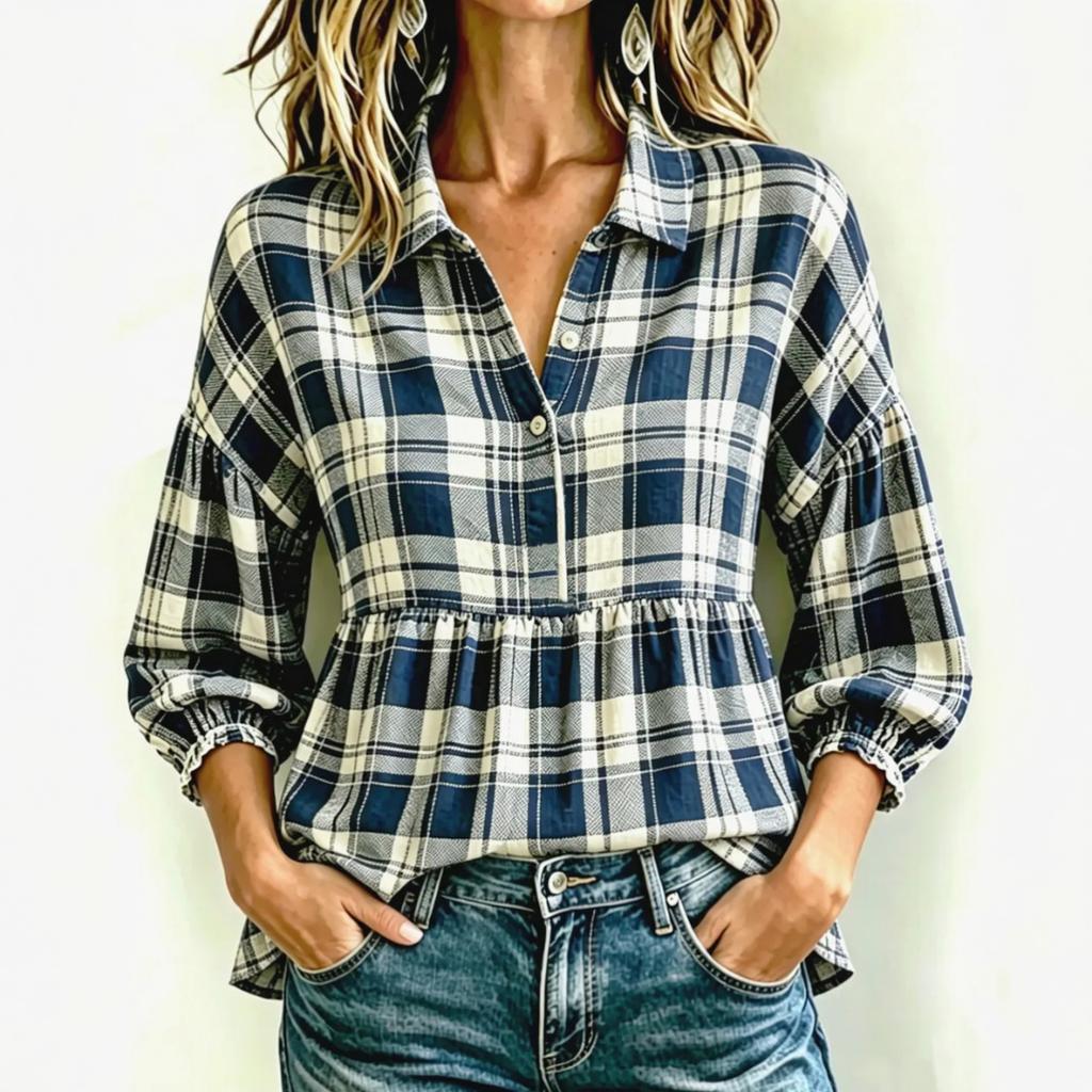 Women's Vintage Plaid Button Down Shirt Loose Fit Casual Blouse