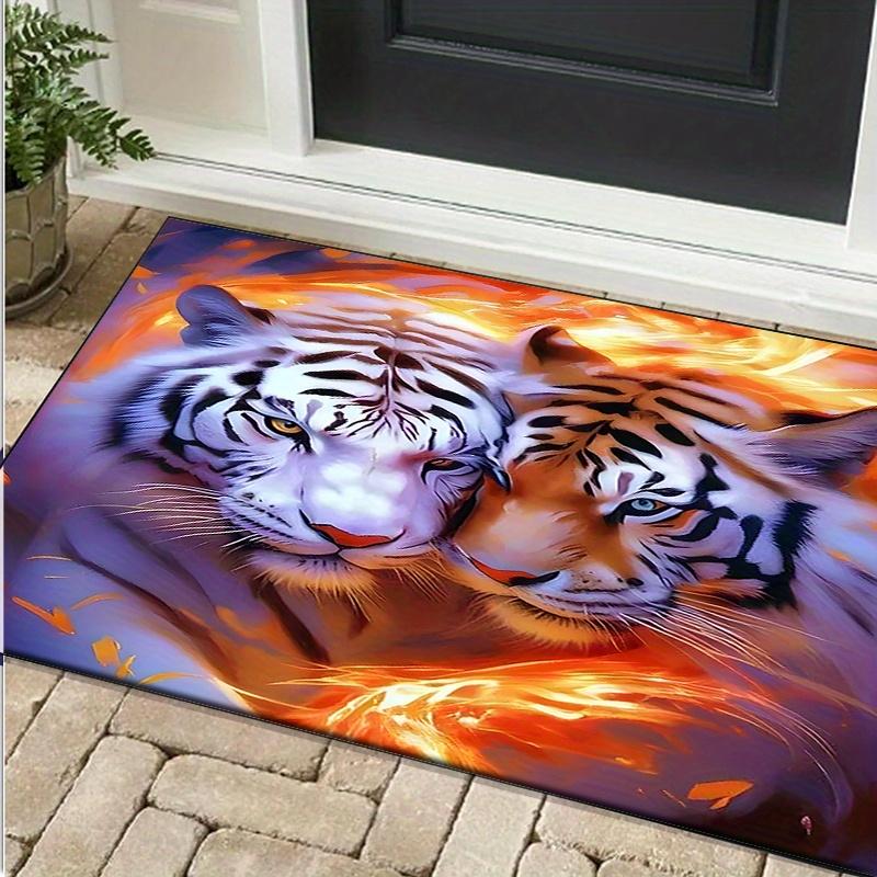 Fiery Tiger and White Tiger Rug for Bold Interior Design - Vibrant 3D Animal Art Carpet, Perfect for Gaming Room or Man Cave