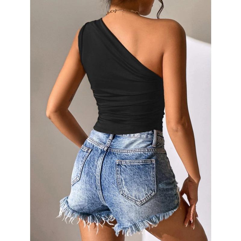Women Irregular Asymmetrical Off Shoulder Slim Fit Strappy Camisole Vacation Beach Top