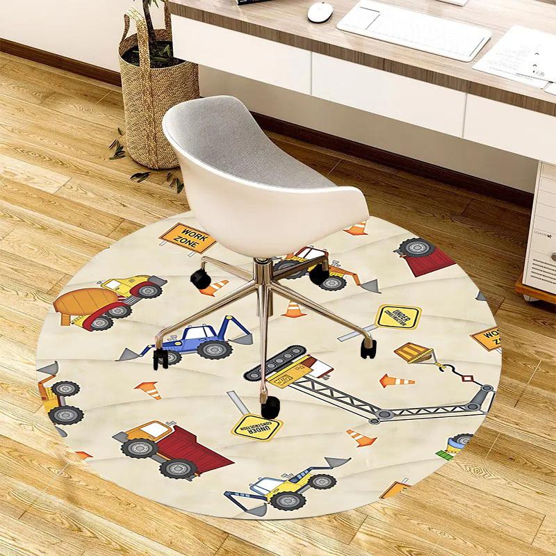 1PC Construction Trucks Non-Slip Floor Round carpet, Office, family, bedroom, Large Area Rug Indoor Rugs, Durable Polyester-Z0411