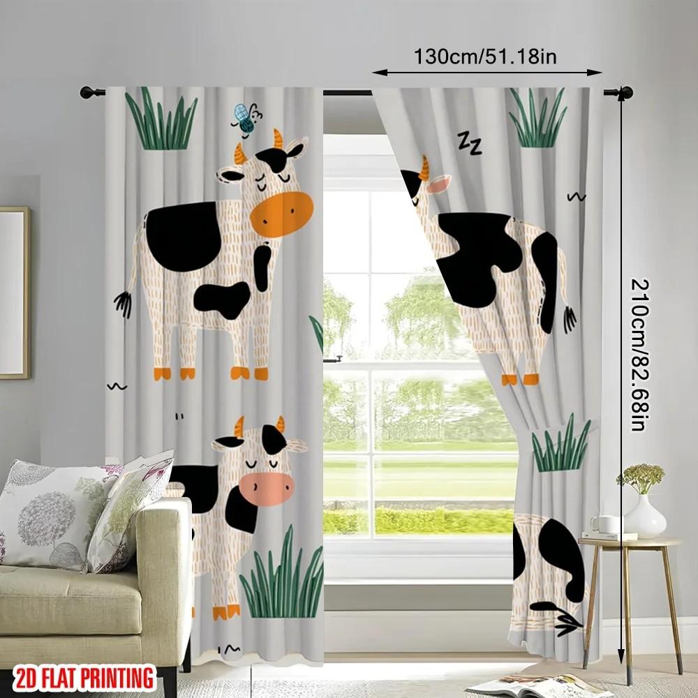 Set Of 2 Cartoonish Cow Pattern Curtains Polyester Kids Room Window Decor Farmhouse Blackout Made Playroom Treatment