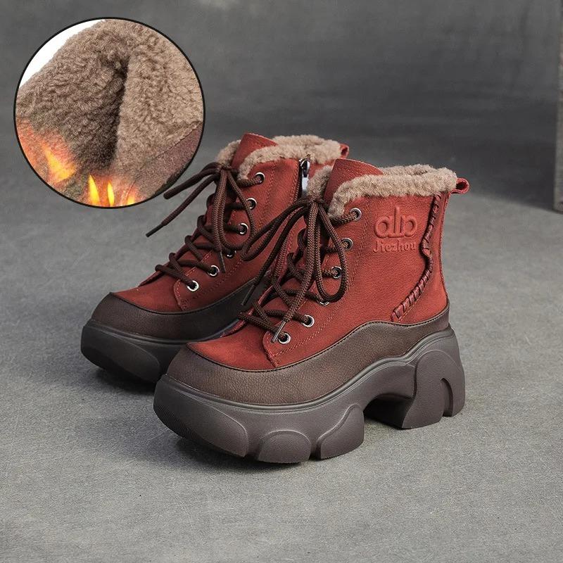 Johnature Plush Warm Genuine Leather Commuting Short Boots Retro Thick Soled Women's Shoes