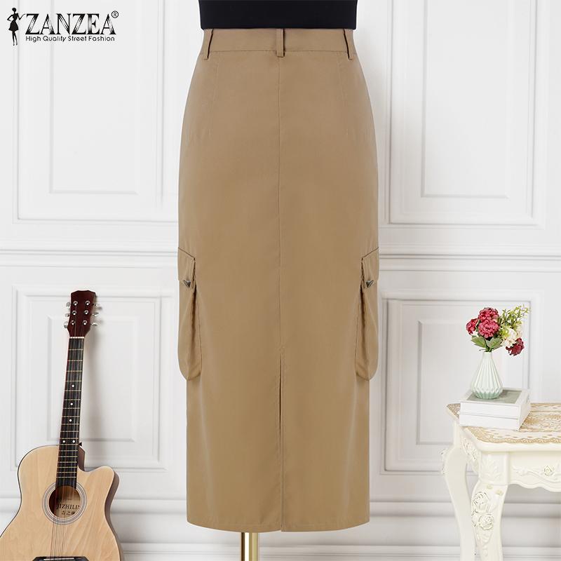 ZANZEA Femei Modă Talie Înaltă Buzunar Fuste Drepte Largi