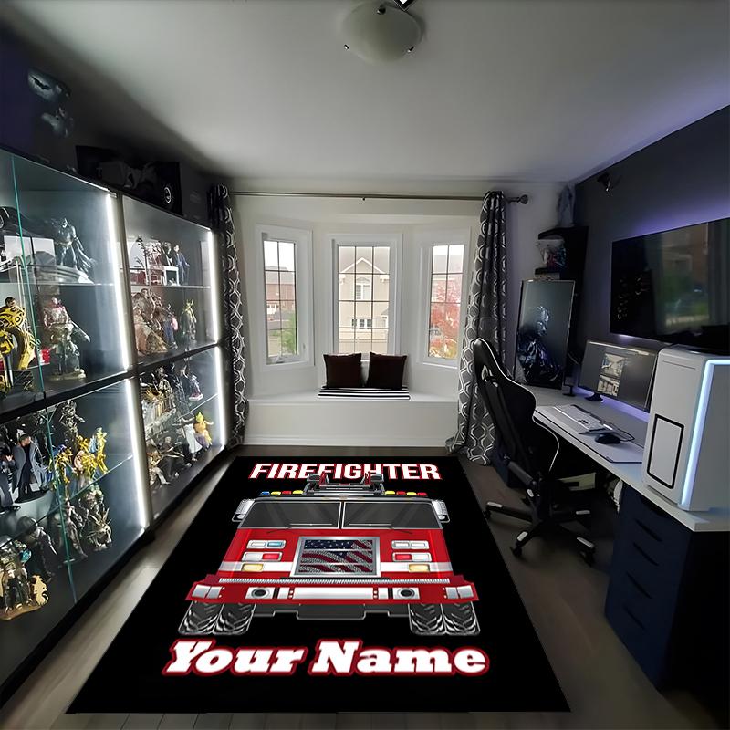 1PC Custom Name Firefighter Gear Theme Floor Mat Ideal for Living Room, Game Rooms, Office, Bedroom, Office Floor Mat , Floor Mats for Home