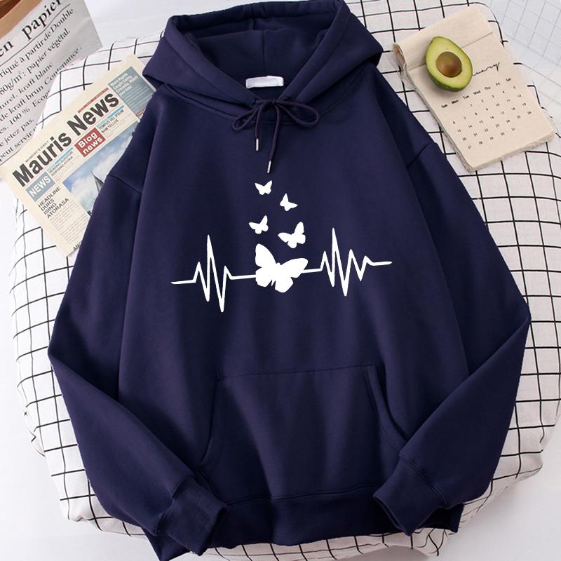 Fashion Butterfly and Heartbeat Graphic Print Kangaroo Pocket Hoodies Women's Autunm Winter Sweatshirts Hooded Clothes