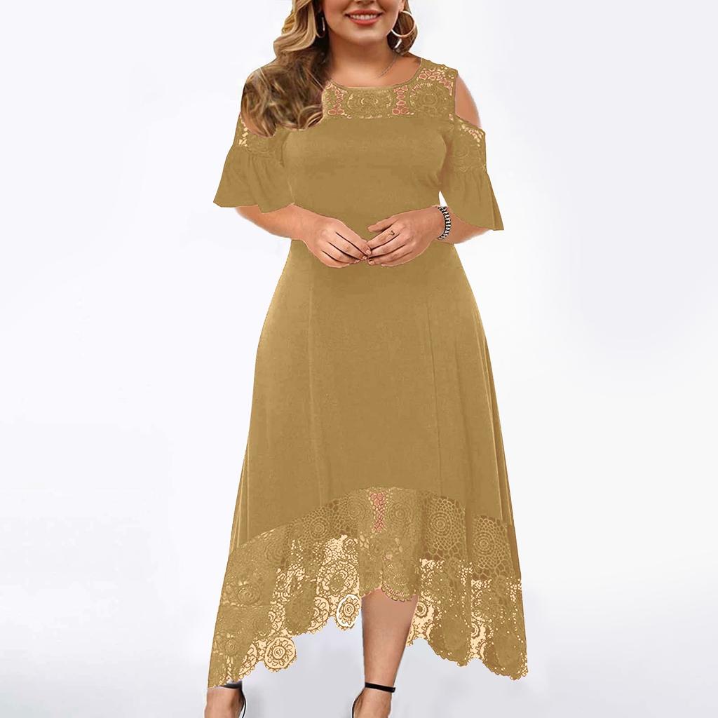 Fashion Womens Lace Stitching Ruffle Short-Sleeved Strapless Sheath Dress
