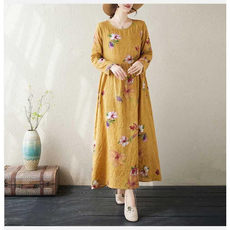 New Color Round Neck Retro Long Skirt Cotton Linen Dress