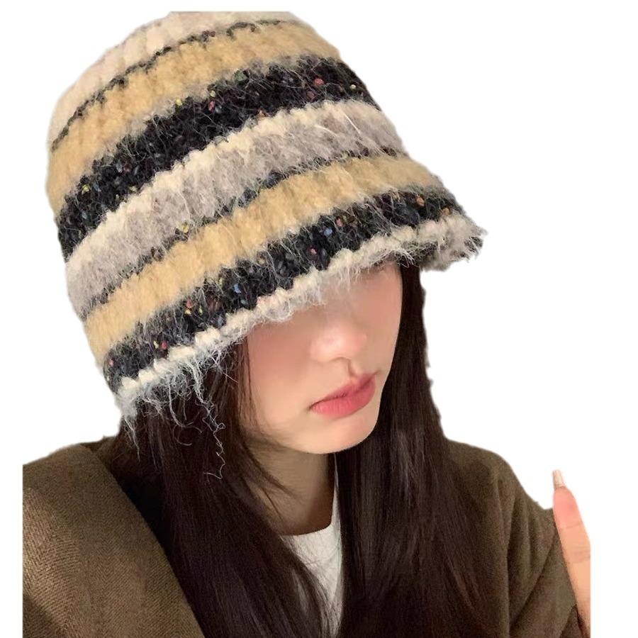 Autumn And Winter Color Matching Striped Handmade Knitted Hat Female Korean Version Showing Face Small Ear Protection Bucket Hat Versatile Warm