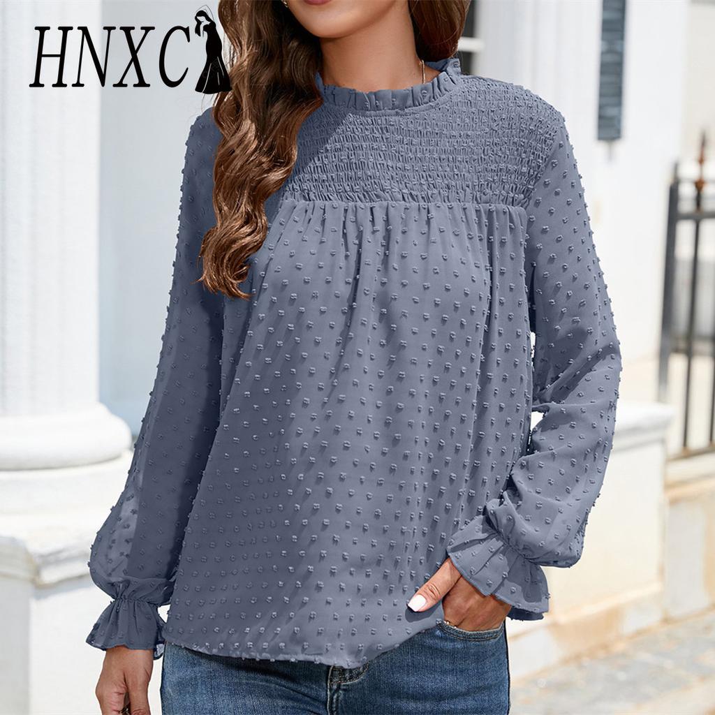 HNXC Women's Fashion Casual Summer Solid Color Print Long Sleeve O-Neck Blouses & Shirts