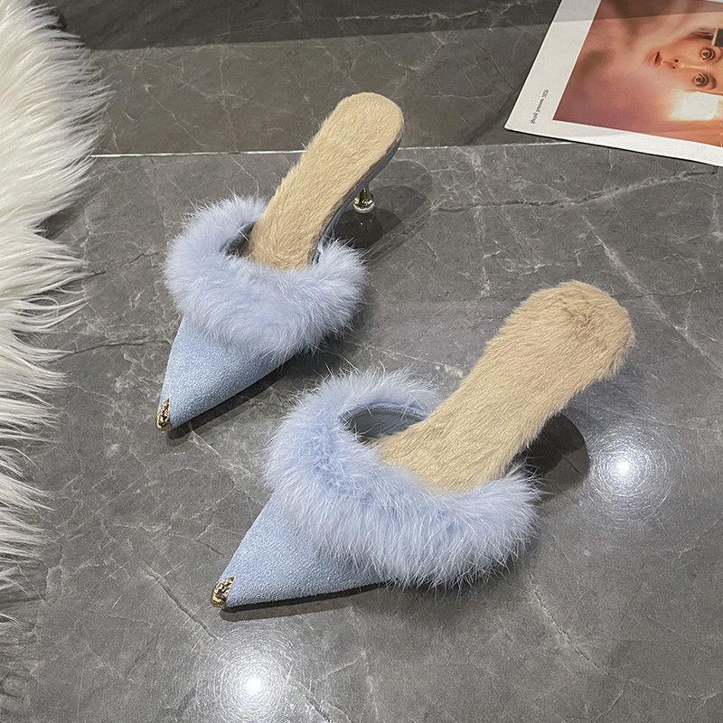 

Золотая голова матовая сумка голова пушистый хлопок полутапочки женские верхняя одежда бархат 2025 новый зимний стилет заостренный модный 40 синий