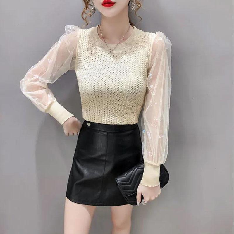 Women's Spring and Autumn Long Sleeve Puff Sleeve Bottoming Shirt Round Neck Slim Top
