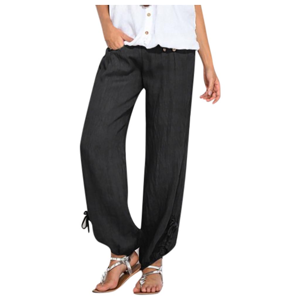 Fashion Women Solid Buttons Cotton And Linen Casual Loose Trouser Wide Leg Pants