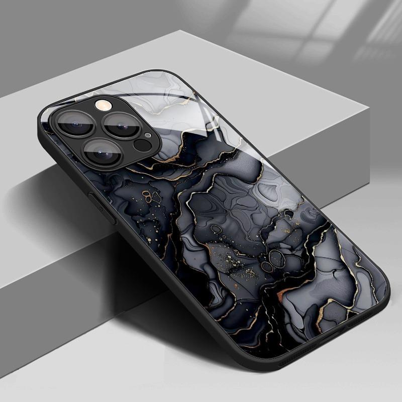 Case For iPhone 17 Pro Max 16 15 14 13 12 11 7 8 Plus 17Air 16E XR XS X Black Marble Gradient Pattern Tempered Glass Phone Cover