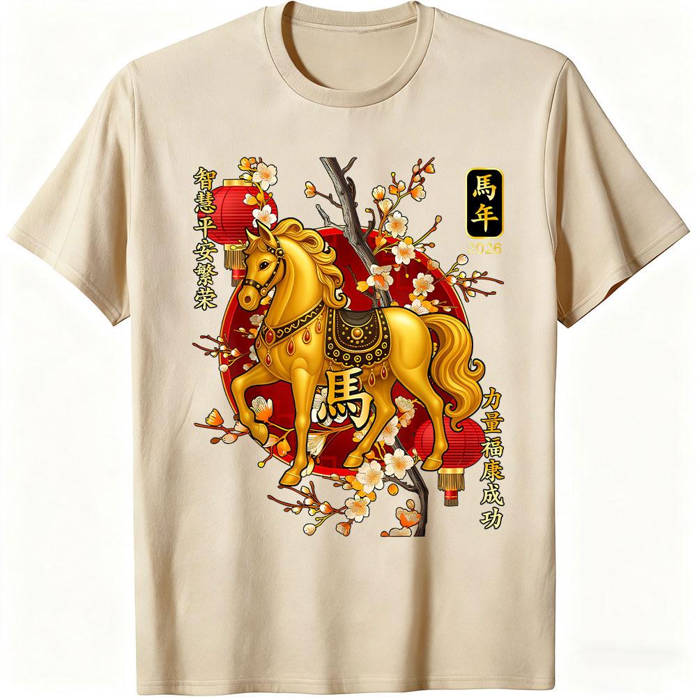 2026 New Year Leisure Fashion Printed Tshirt  10 Cotton HighQuality Male Tshirt for The Year of The Horse Short Sleeve