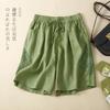 Pantaloncini da donna stile giapponese in misto lino con decoro in pizzo, lunghezza al ginocchio