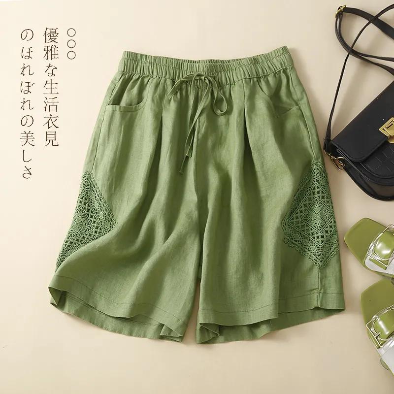 Pantaloncini da donna stile giapponese in misto lino con decoro in pizzo, lunghezza al ginocchio