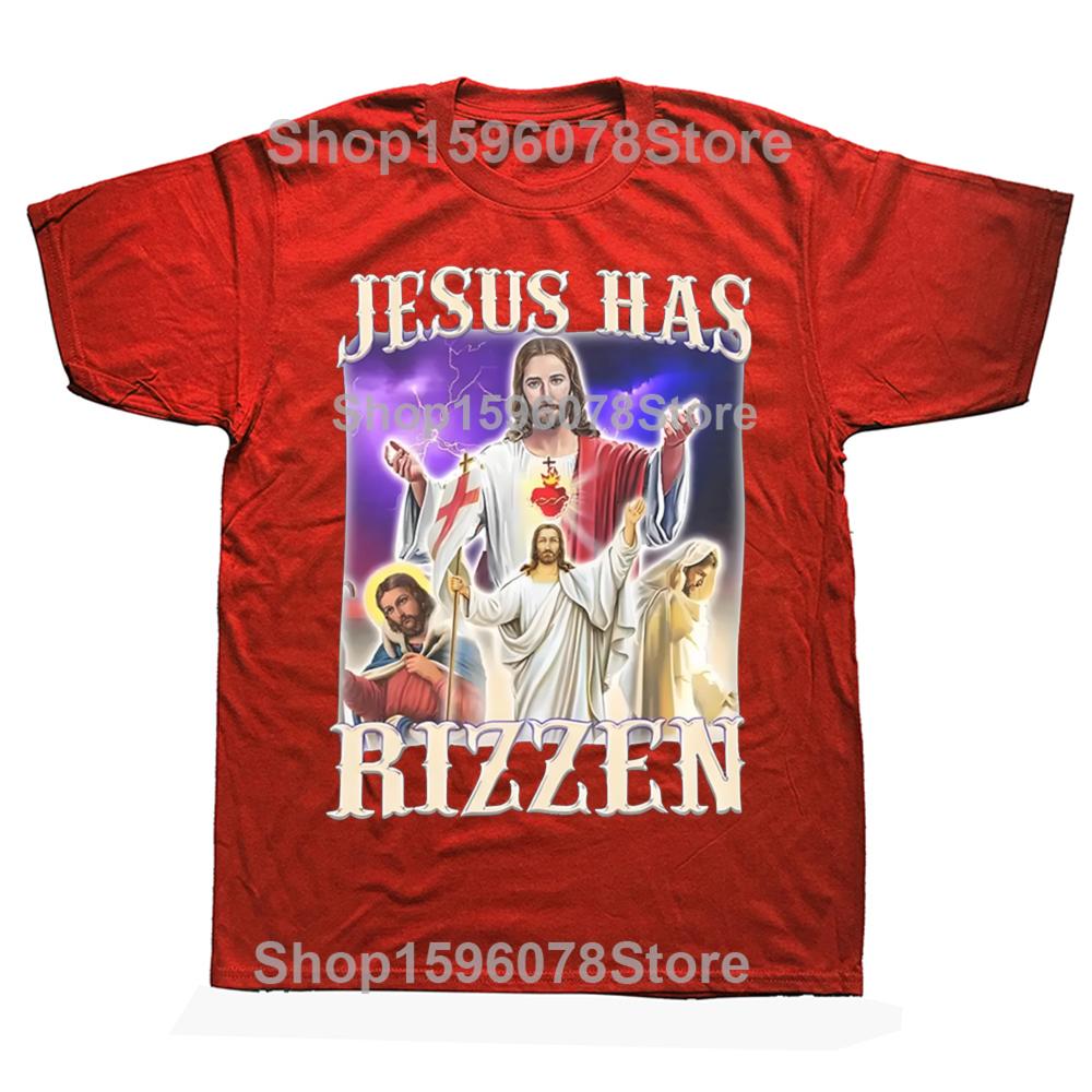 Men Women Jesus Has Rizzen Rizz Humor Christ Gift TShirts Apparel Cotton Funny Catholic Jesus Meme T Shirts Tee Clothes