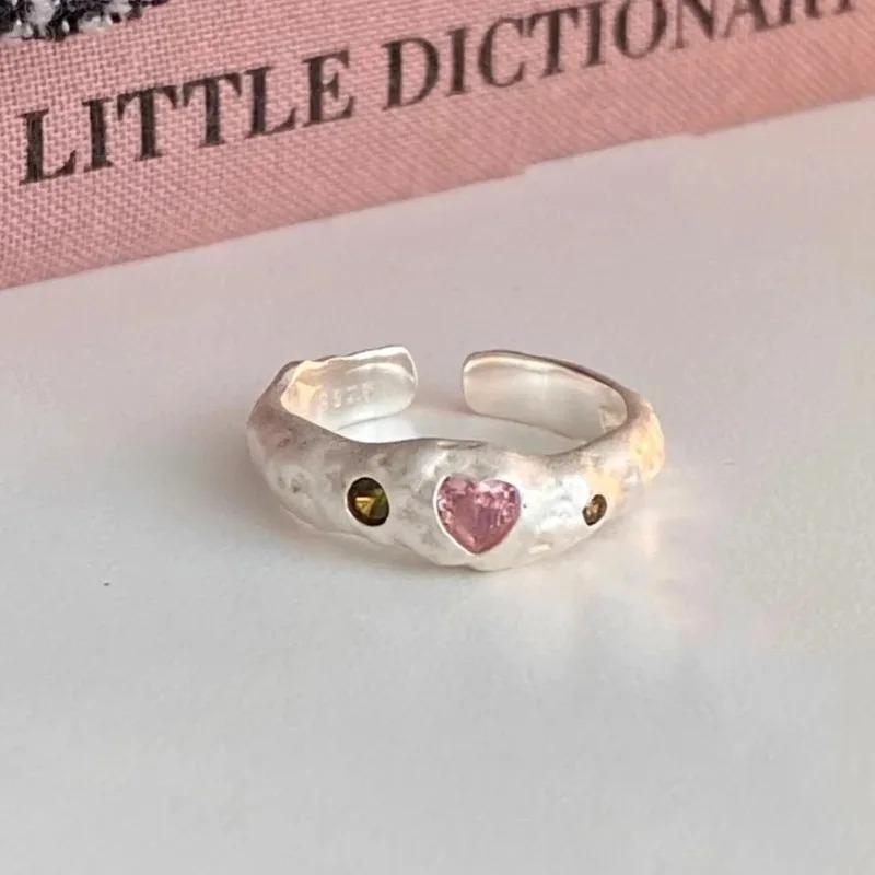 New Sweet Personality Adjustable Irregularly Texture Heart-shaped Pink Crystal Ring for Woman Girls Korean Y2K Zircon 2026 Gift