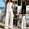 Damen 2-teiliges Leinen-Set Ärmelloses V-Ausschnitt Knopfleiste Tanktop und Weite Hosen Set Sommer Lässig Lounge Outfits