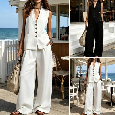 Conjunto de Lino de 2 Piezas para Mujer Sin Mangas Cuello en V Camiseta sin Mangas con Botones y Pantalones de Pierna Ancha Conjunto de Ropa Casual de Verano para Estar en Casa