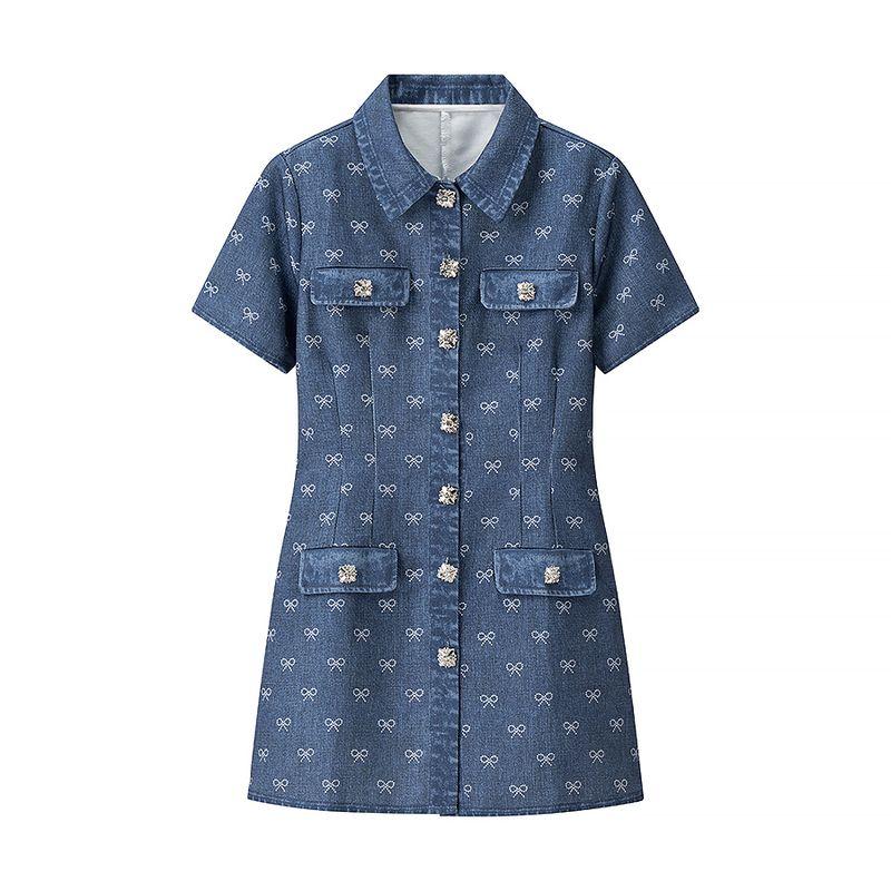 

Blue Summer French Gold Classic Style Sweet Exquisite Drill Buckle Bows Denim Waist-Tight Slim Looking Dress Blue for Summer L