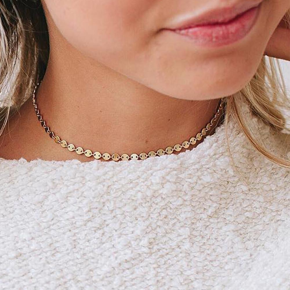 EManco 316L Stainless Steel 14K Gold Coin Chain Necklace Shiny Sequins Discs Choker Necklace for Wedding Engagement Gift