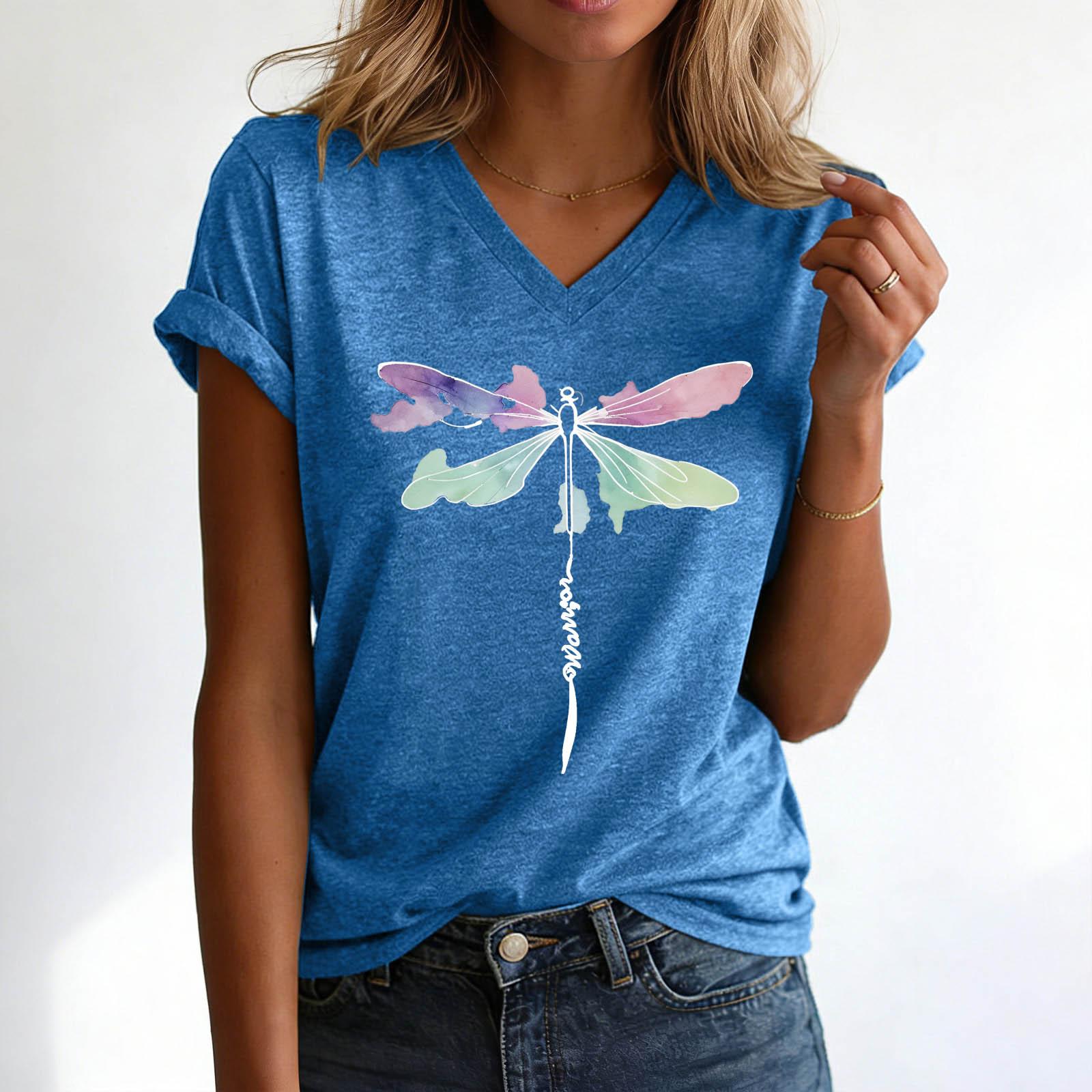 Women s Fashion Casual Printed V Neck Short Sleeve T Shirt shirts M