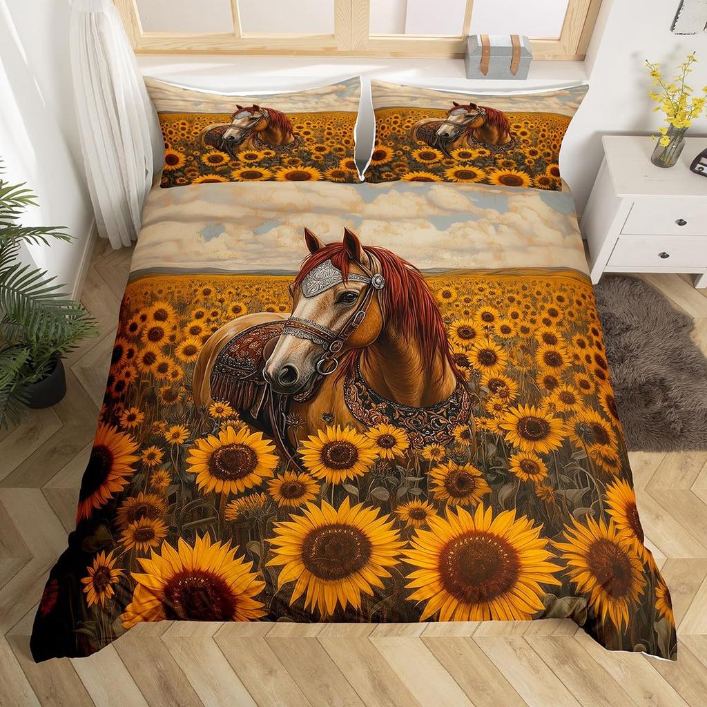 Horse Duvet Cover Western Cowboy Farmhouse Animal Bedding Set Soft Sunflower Floral Comforter Cover Twin Queen For Boys Girls