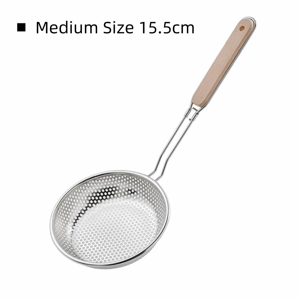New Thickened Stainless Steel Strainer Fine Mesh Wooden Handle Skimmer Spoon Long Handle Kitchen Strainer Household Use