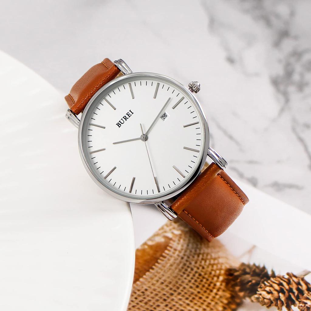 BUREI Men's Leather Watch, Simple Business Style, Waterproof, Analog, Stylish, Popular, Date Display, Slim Fit, Size M
