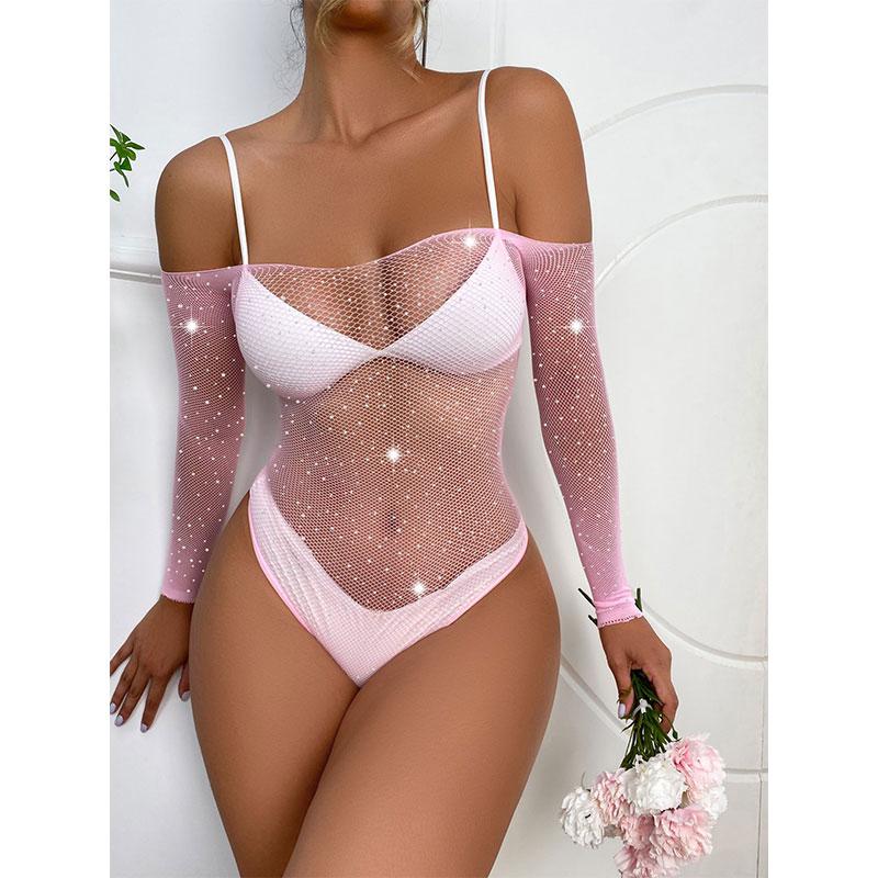 One-Piece Erotic Sexy Lingerie Bodysuit Women Pornos Suit Perspective Rhinestone Underwear Transparent Mesh Open Bra Sets