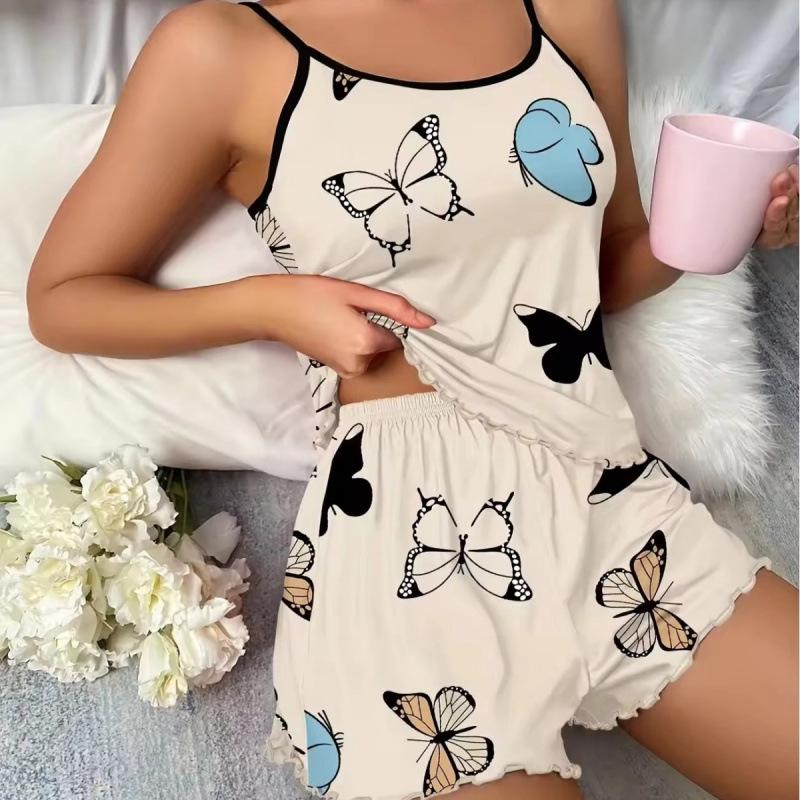 European Style Butterfly Print Pajama Set: Spaghetti Strap Tank, Bathrobe, and Shorts for Women’s Summer Loungewear.