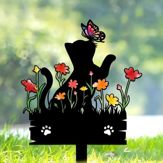 Metal Free Garden Stake Acrylic Kitten Silhouette Stake, Decorative Yard Sculpture with Flowers And Weatherproof Statue Butterflies, Waterproof
