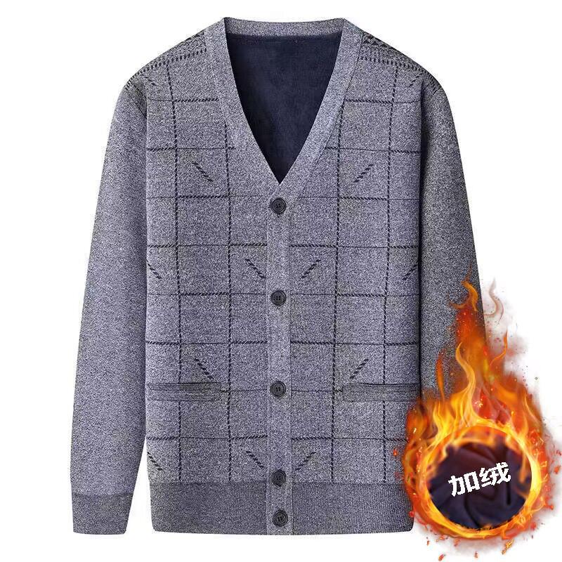 Men's V-Neck Knit Cardigan Sweater: Autumn-Winter Plus Velvet, Thickened, Loose Fit for Middle-aged & Elderly