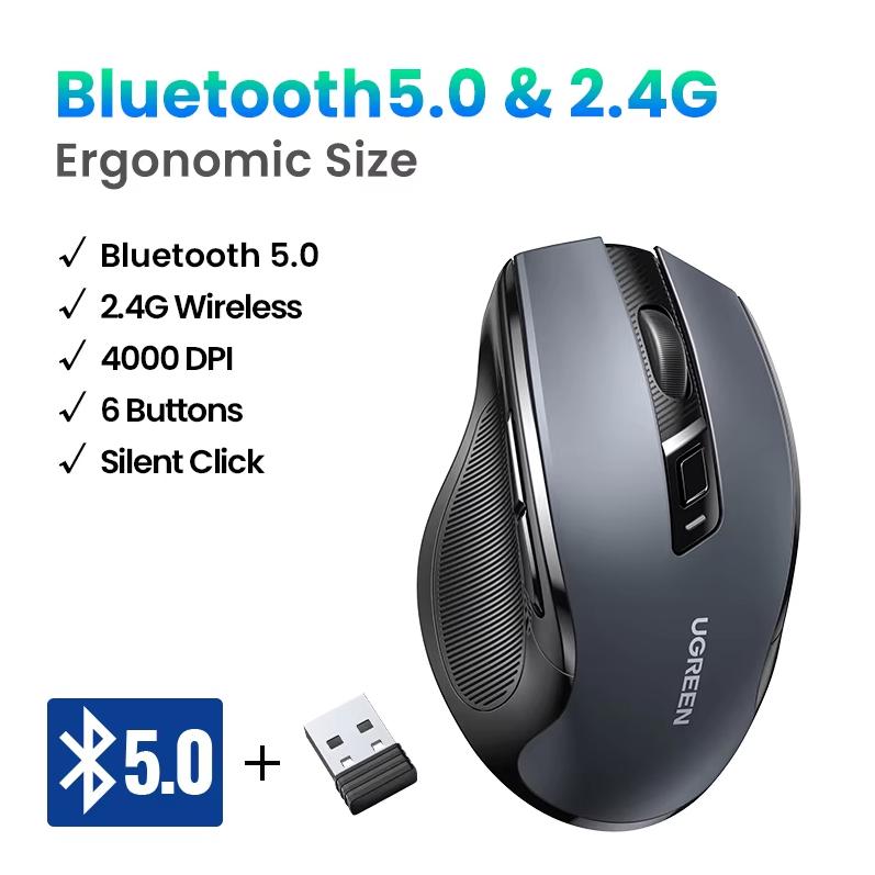 Ugreen Wireless Bluetooth Dual-mode Mouse, Office Light Sound, Suitable for Apple, Huawei, Laptop, iPad, Ergonomic Mouse