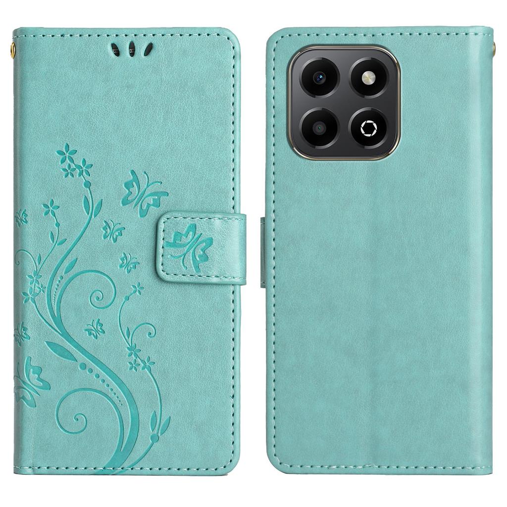 For Honor X6b 4G Leather Wallet Case Butterfly Flower Imprinted Phone Cover with Strap