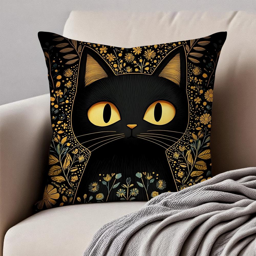 Art Black Cat Cushion Cover Pillowcase Antidustmite Invisible Zipper Short Plush Sofa Cushion