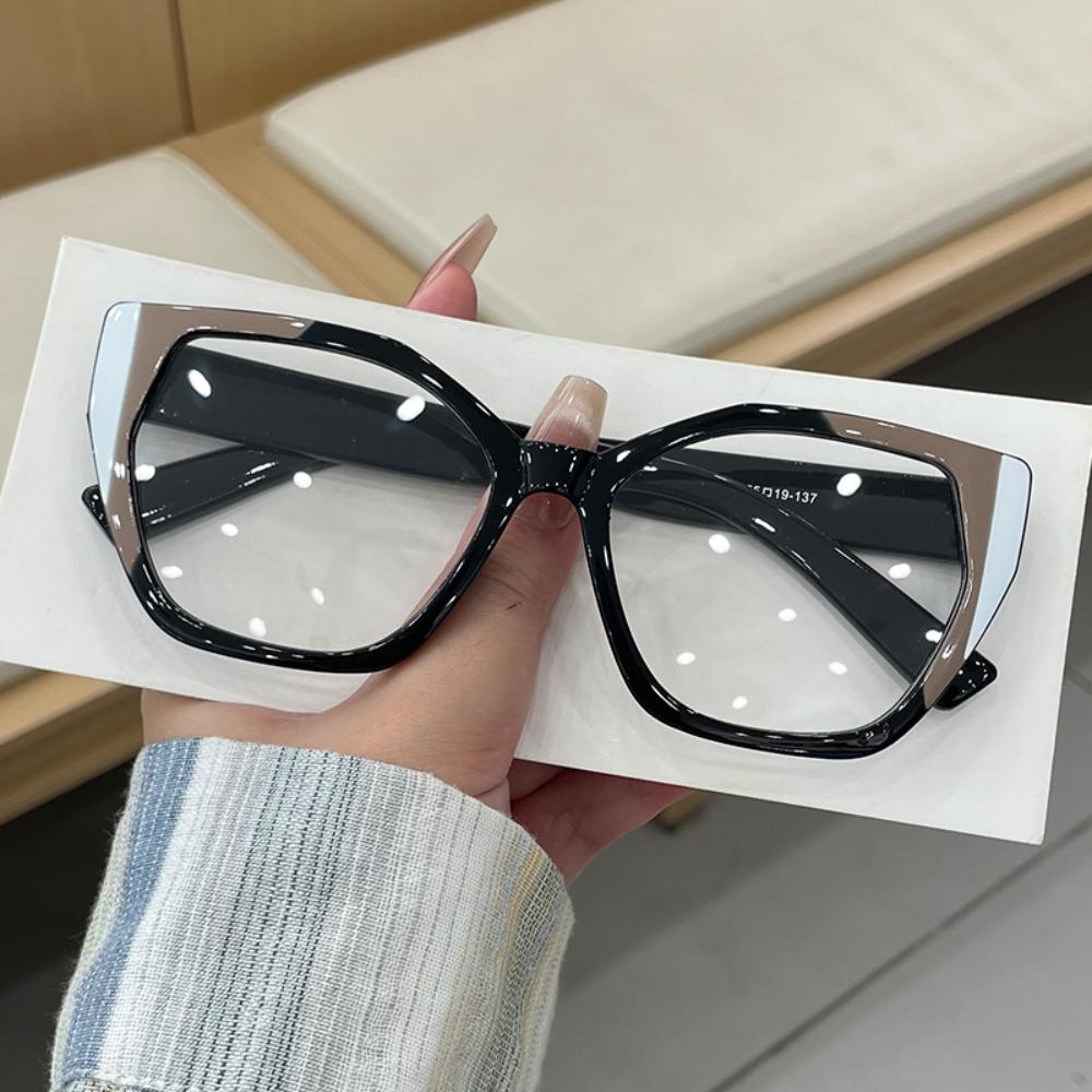 Cat Eye Color Blocking Anti Blue Light Glasses Retro Polygon Large Frame Fashion Glasses Women Plain Spectacles For Daily Outfit