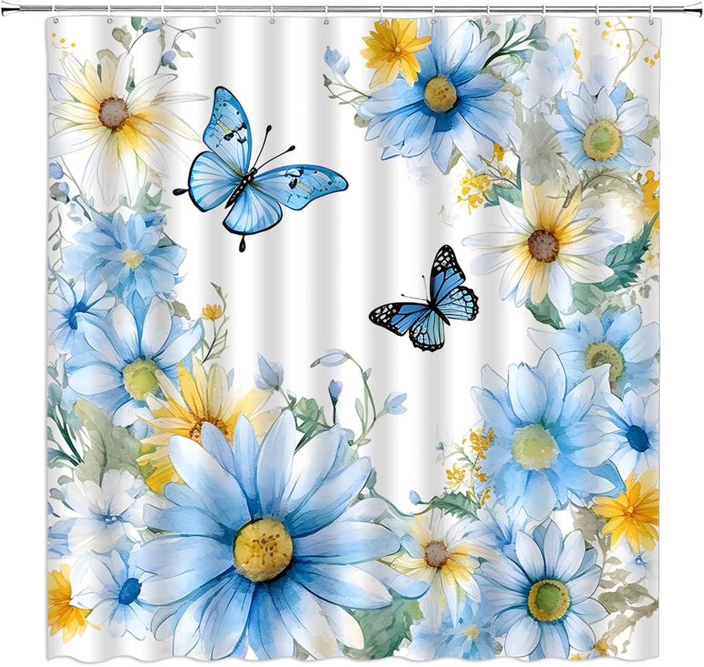 Floral Shower Curtain Blue Daisy Flower Butterfly Spring Nature Watercolor Yellow White Bathroom Home Curtain Decor With Hooks