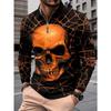 Cool Skull Web Print Long Sleeve Polo, Zip Collar Casual Men's Top