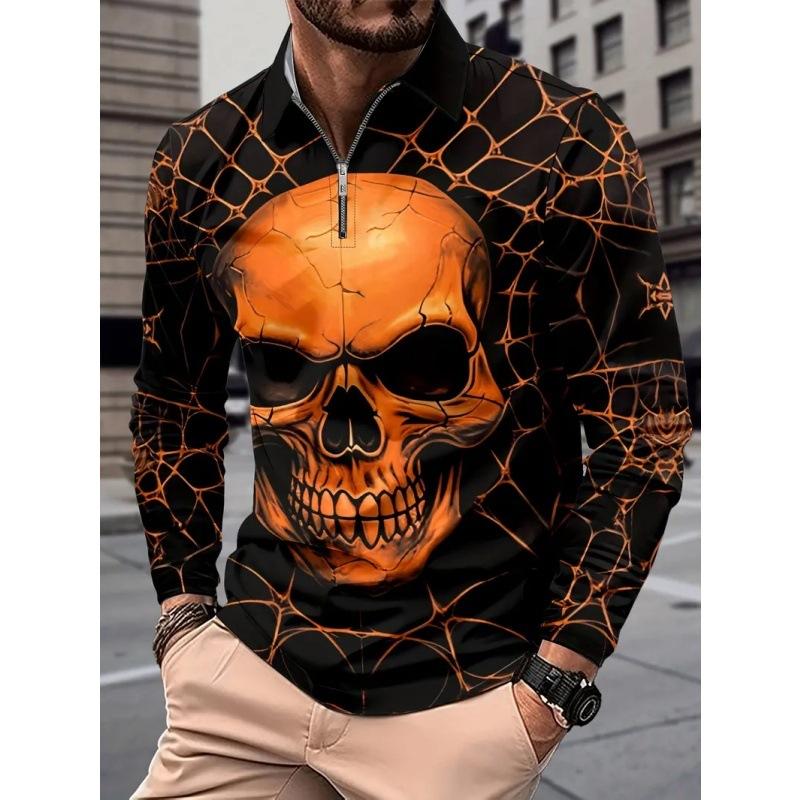 Cool Skull Web Print Long Sleeve Polo, Zip Collar Casual Men's Top