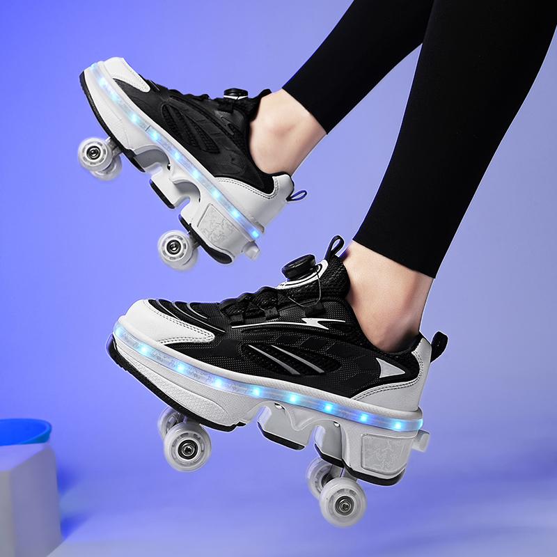 Scarpe da pattinaggio a rotelle a quattro ruote a doppia fila LED Flash Scarpe a rotelle a doppio uso Uomo Donna Sneakers casual Scarpe sportive per passeggiate con il cane