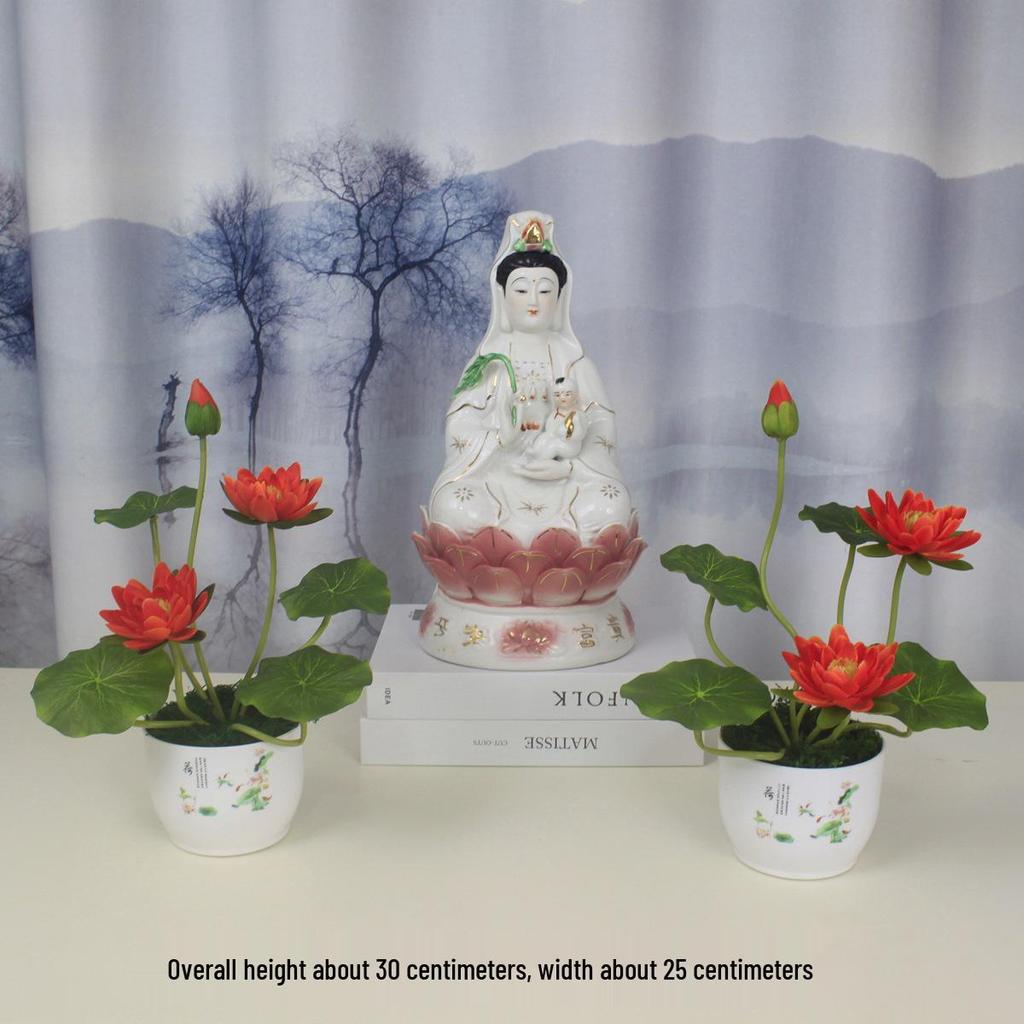Artificial Lotus Flowers for Buddha Altar, Decorative Silk Bonsai, and Small Guanyin Ornaments