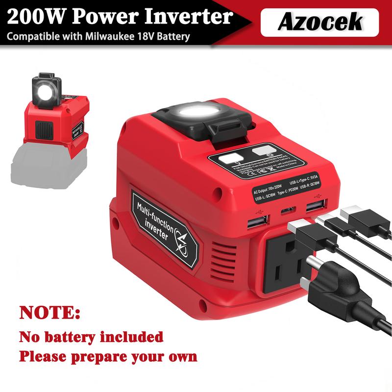 Azocek 220W Portable Power Inverter Compatible with Mil-wau-kee 18V Battery, 18V to AC 110V 4 Output&300LM LED, Inverter for Car