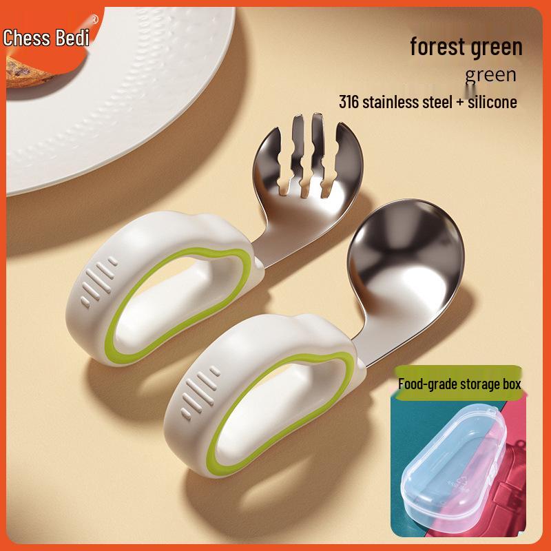 

Двоколірний силіконовий набір ложки та виделки для дітей – нержавіюча сталь 316, вигнута головка, дитячі тренувальні столові прибори.