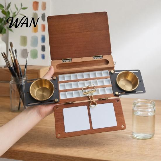 24-grid Paint Palette 24-Grid Watercolor Box, Travel with Brush Cup Holders, Metal Sliding Holder Two Mixing Areas, Wooden Portable Paintbox