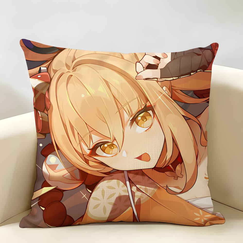 Yoimiya Genshin Impact Cushion Cover Natural Linen Organic Fabric DoubleSided Printing Room Sofa Decor Pillow Case