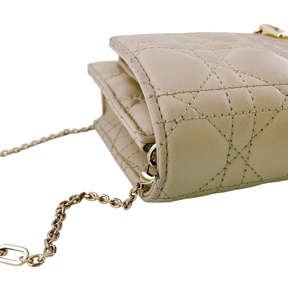 Christian Dior Logo Leather Lady Dior Wallet Chain Beige Leather Used